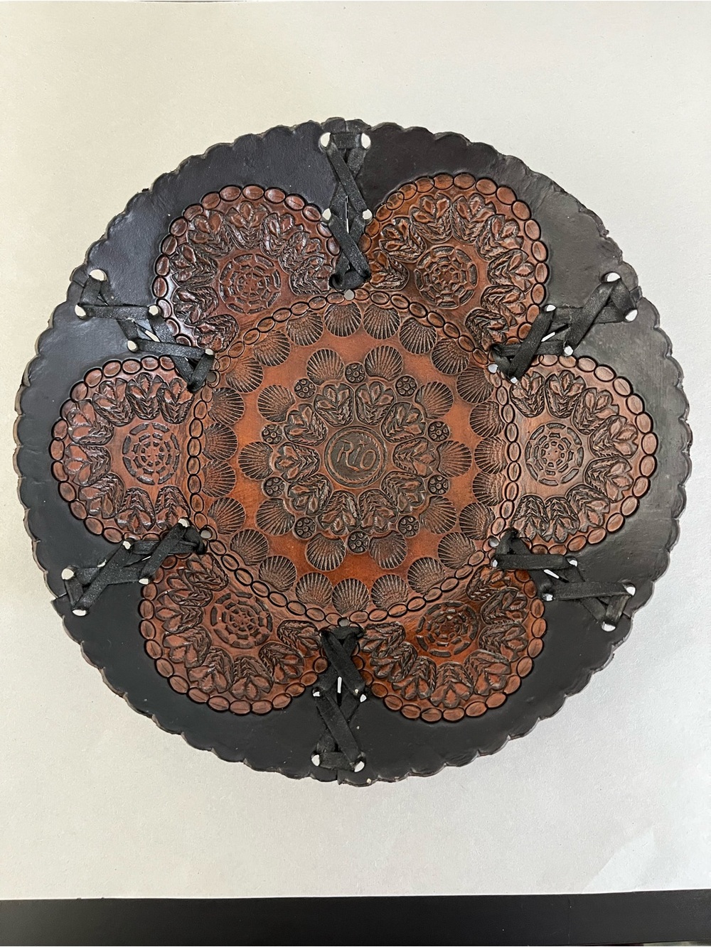 Vintage Handcrafted Tooled Leather Souvenir Bowl - Scalloped Edges Brown - Rio